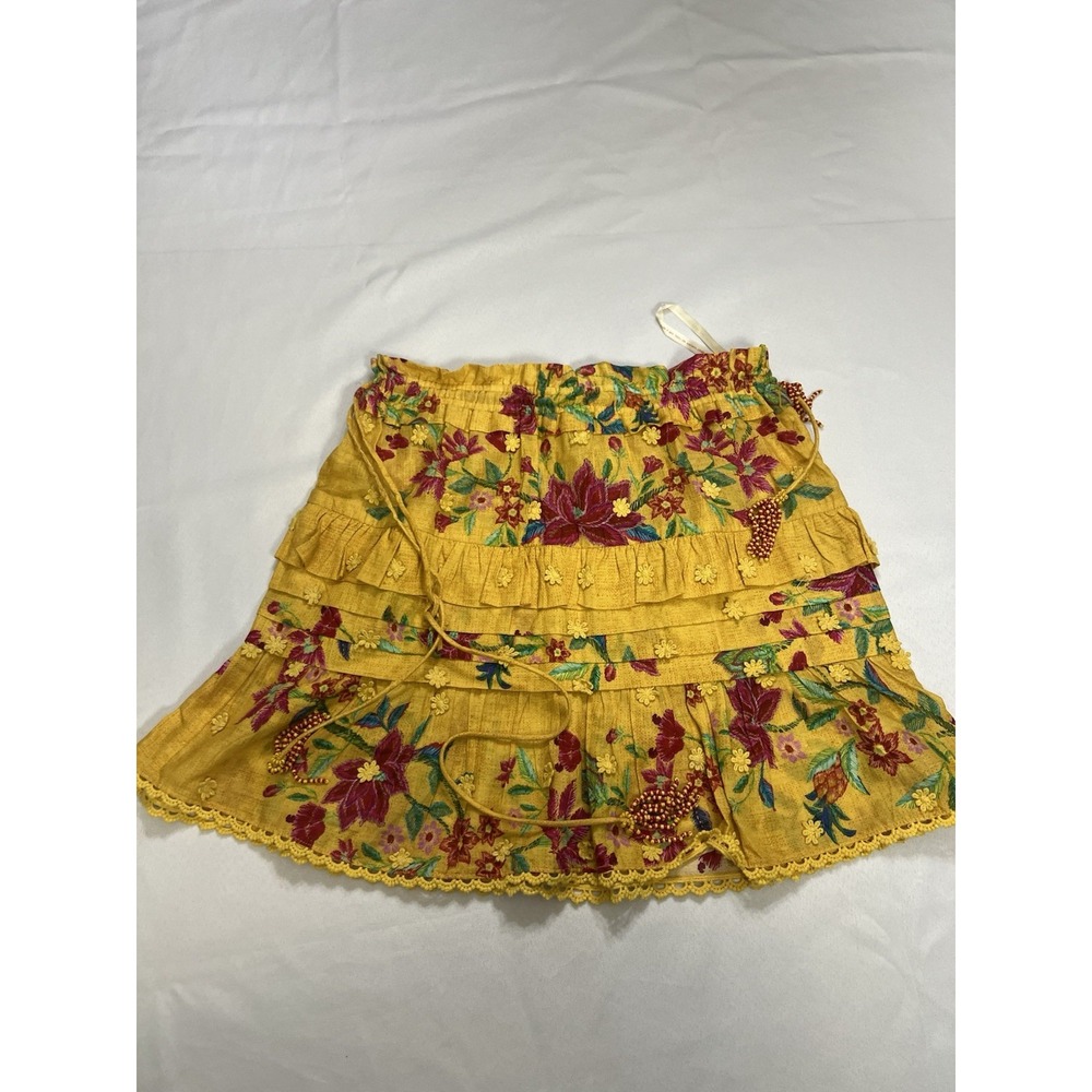 Farm Rio Flower Dream Ruffle Mini Skirt Yellow Size Small Vacation Floral Beads